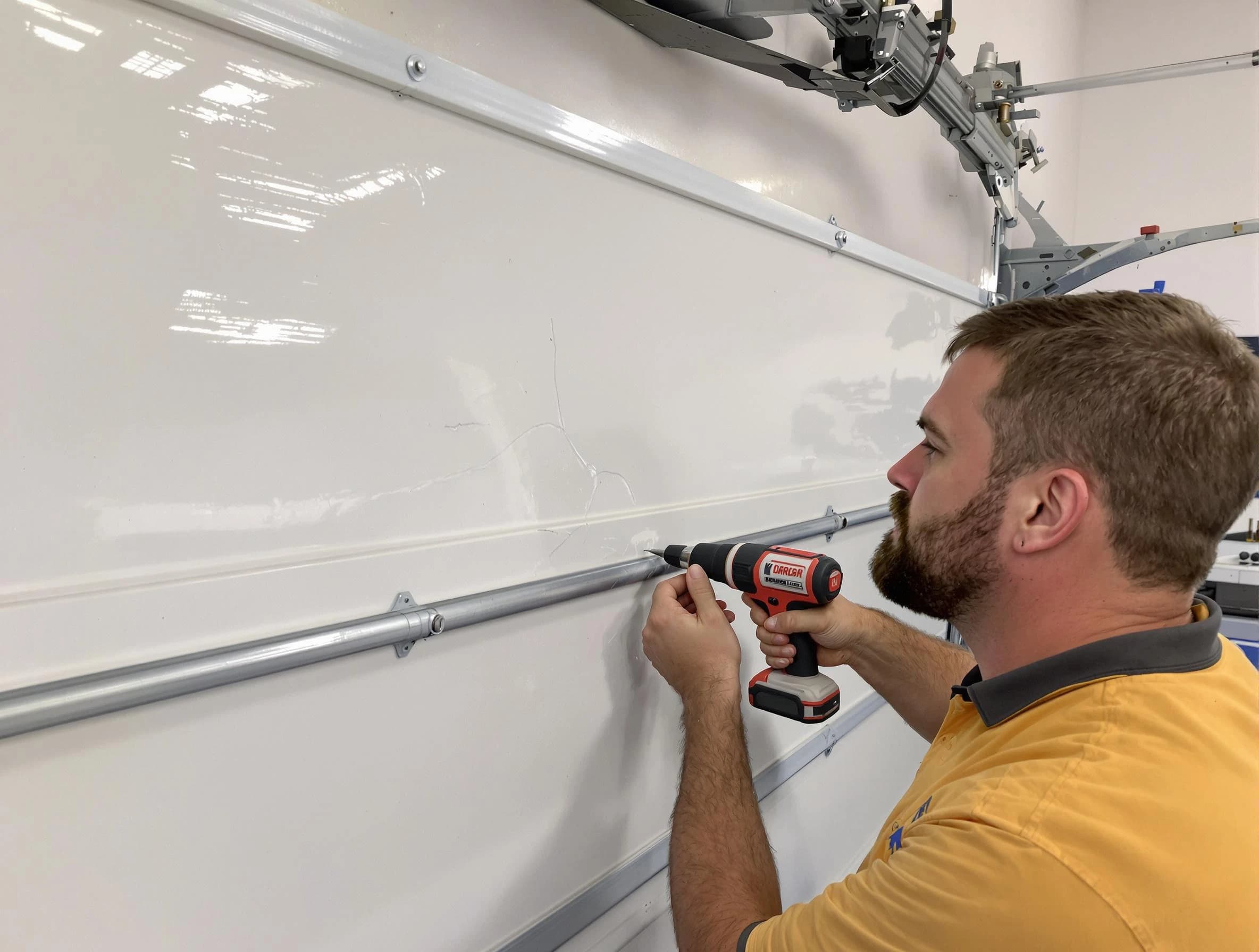 Citrus Park Garage Door Repair expert performing dent repair on garage door in Citrus Park