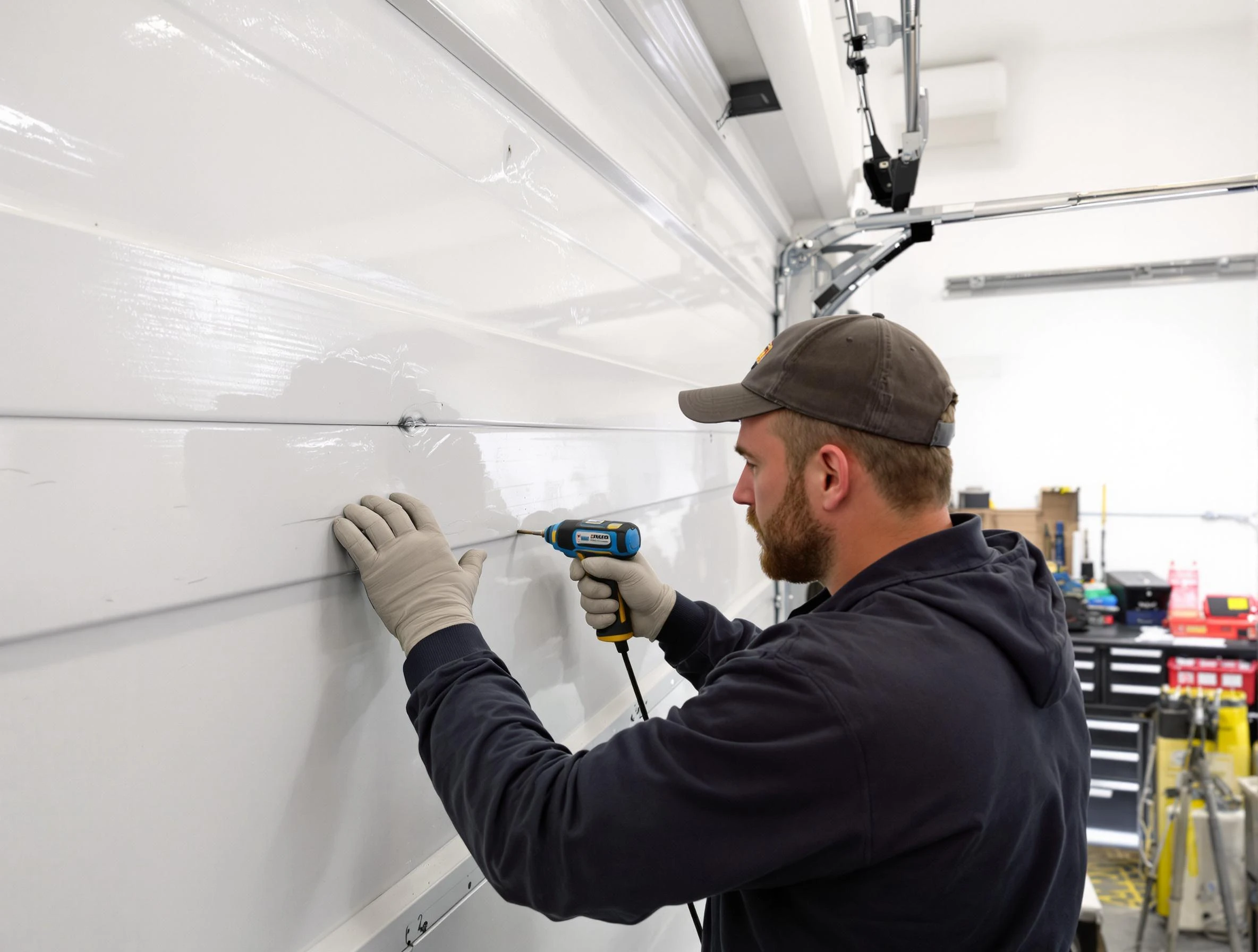 Citrus Park Garage Door Repair technician demonstrating precision dent removal techniques on a Citrus Park garage door
